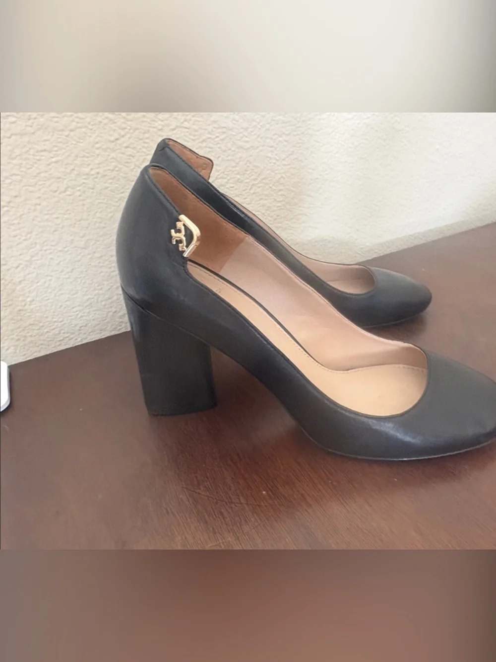 Tory Burch Black Leather Round-Toe Heels with Gold Accent